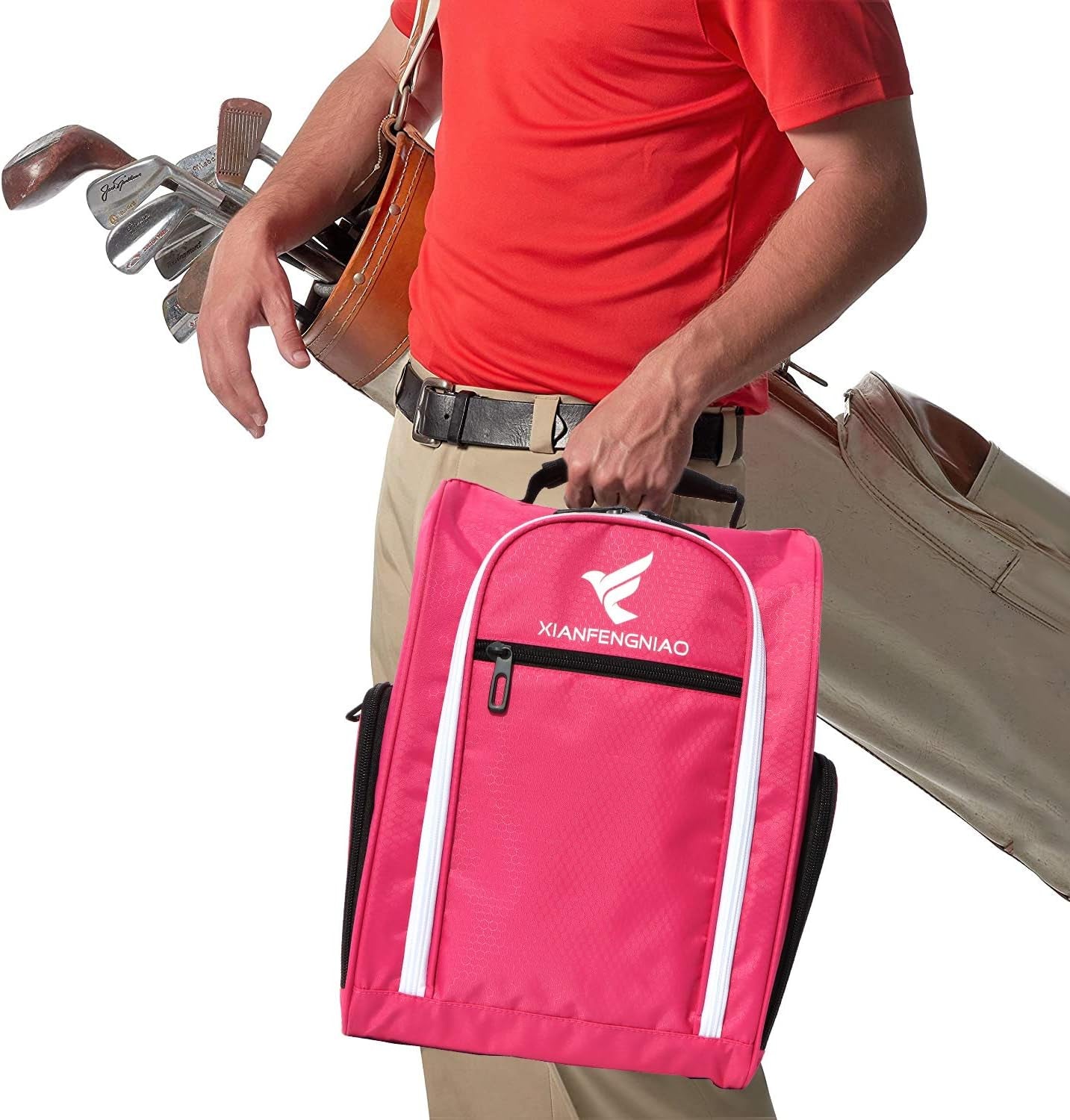 Golf Shoe Bag for Women,Zippered Golf Shoe Carrier Bag with Ventilation and 3 External Pockets for Golf Balls, Golf Glove, Tees and Other Golf Accessories(Red)